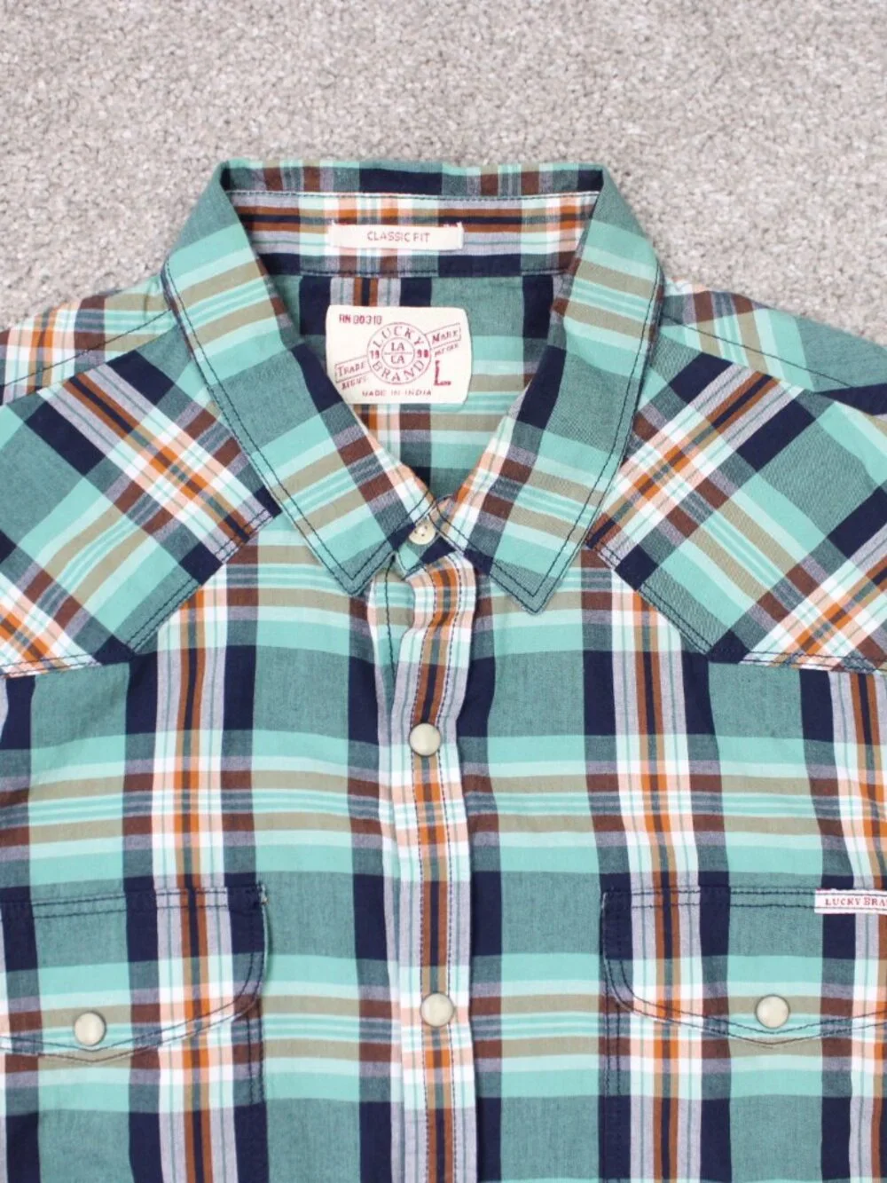 Lucky Brand Shirt Men Large Green/Blue/Orange Classic Fit Pearl Snap Long Sleeve